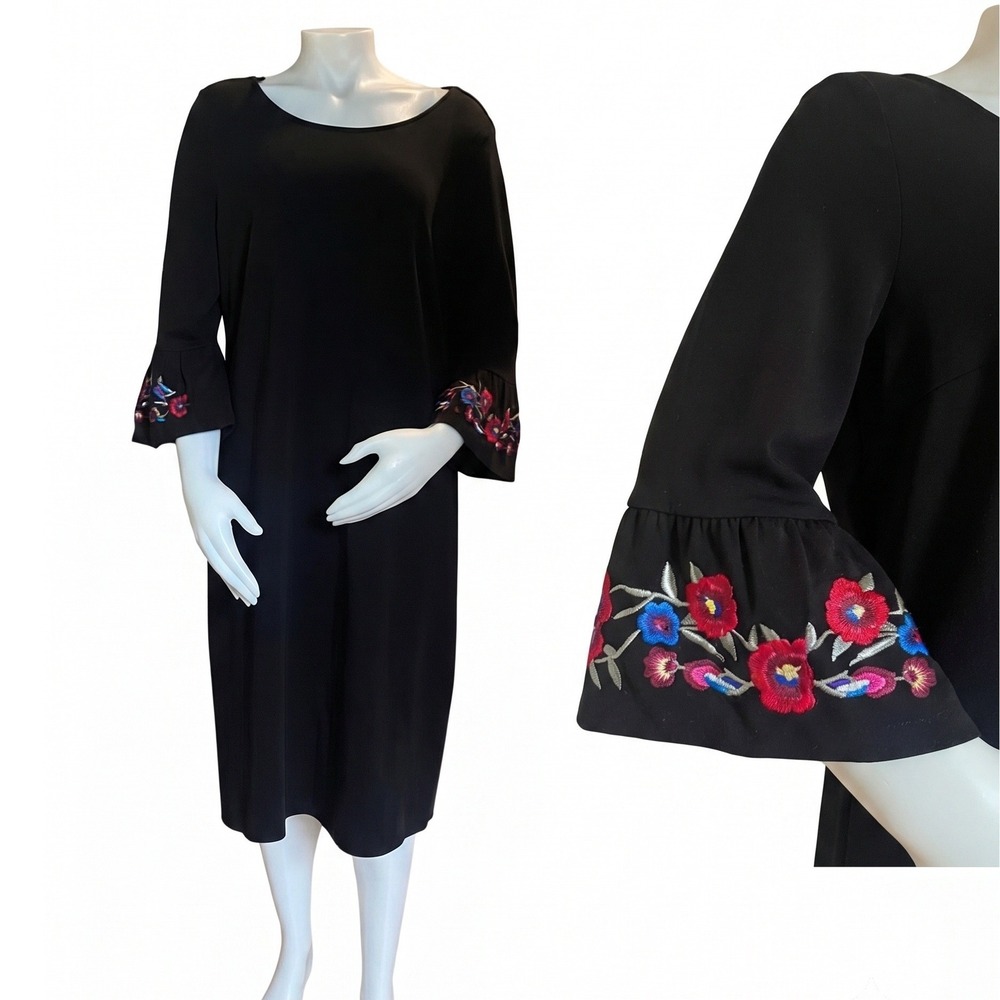 Talbots Shift Dress Womens Plus Sz 1X Black Floral Embroidered Bell Sleeve Boho